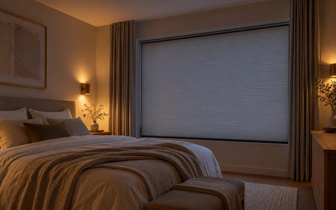 Verduisterend plisségordijn in een slaapkamer