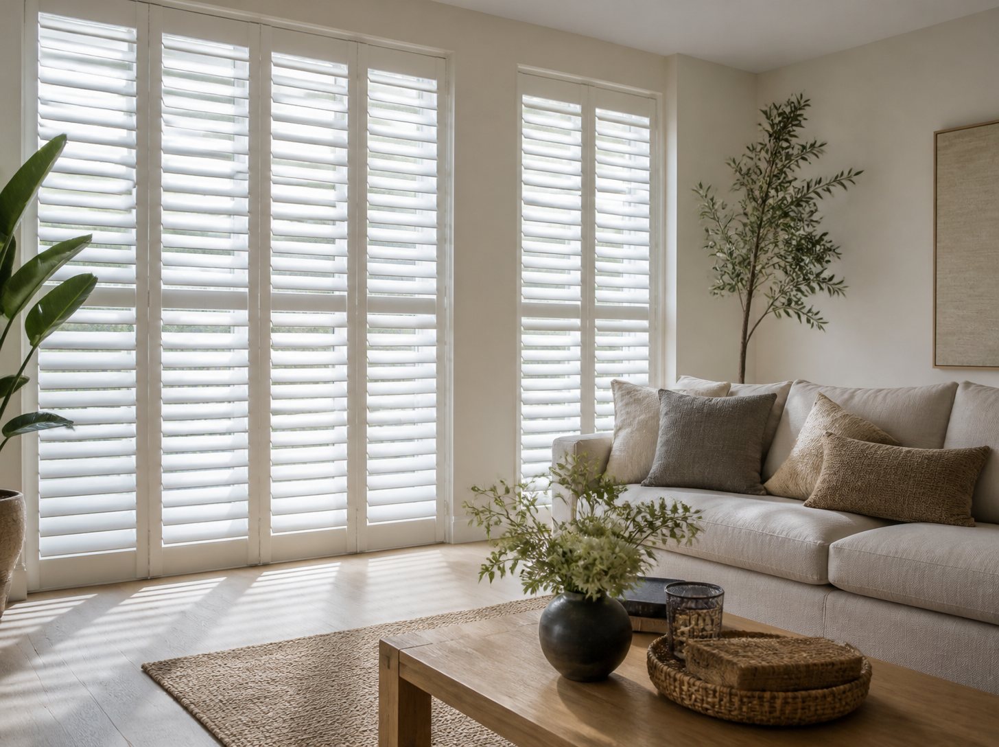 Witte houten shutters in een lichte woonkamer